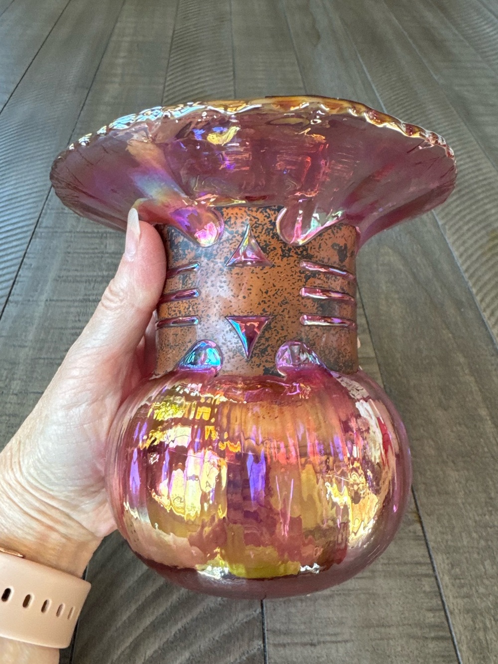 Vintage Silvestri Mouth-Blown Iridescent Pink/Purple Glass Vase W/Cage Neck Ring